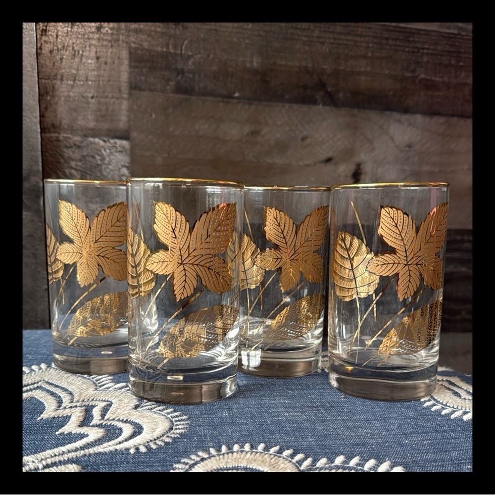 Libbey Glass set of 4 gold leaf tumblers mid century modern golden foliage gilt